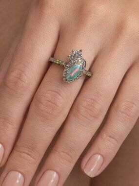 Bomb Party NWT “Drops of Sparkle” Lab Opal Ring Rhodium Plated Statement Ring